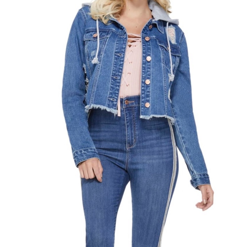 Distressed denim jacket with detachable hood